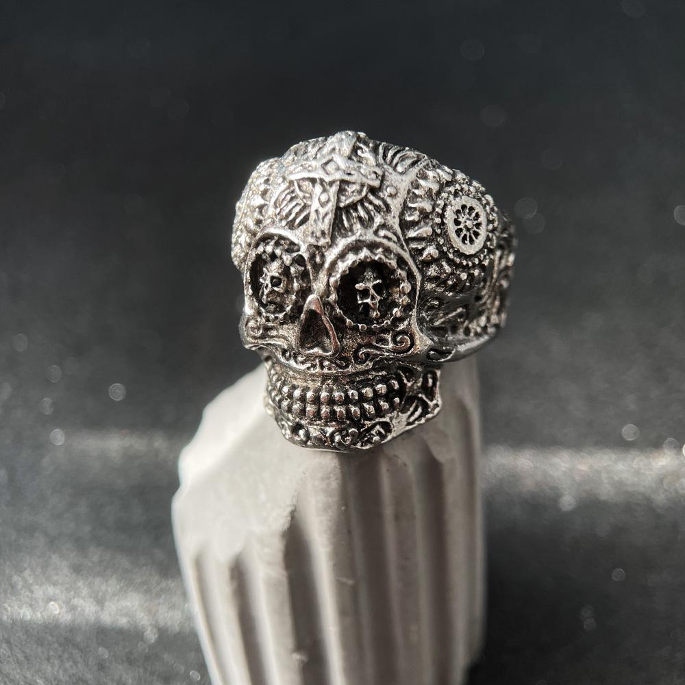 Retro Floral Kreuz Totenkopfring für Herren Steampunk Gothic Verstellbarer Offener Ring Biker Zirkon Streetwear Accessoires Unisex Geschenk