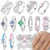 Authentischer Original Pinker Herz Zirkon Schmetterlingsknoten Ring Kleeblatt Blauer Mond Kupfermetall Valentinstag Perfektes Geschenk Zubehör Hoch