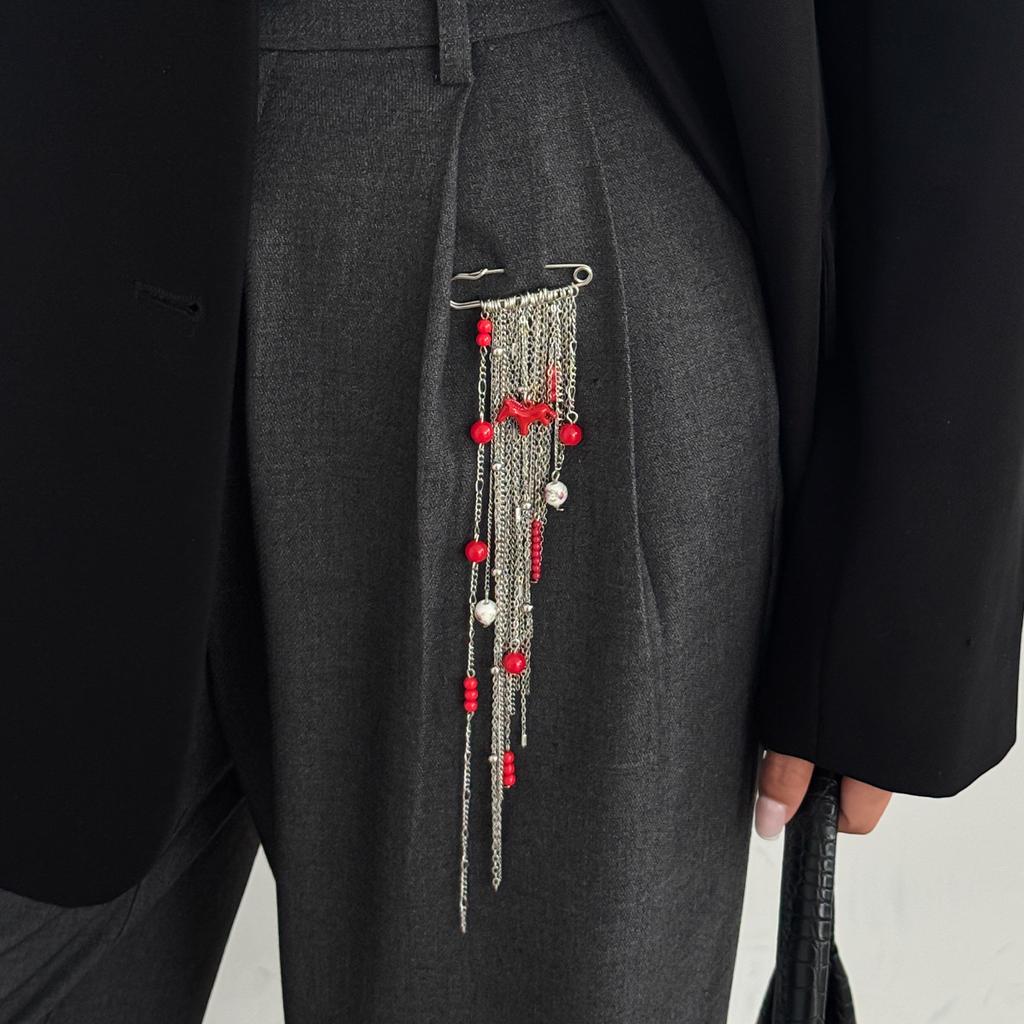 Hip Hop Ins Beaded Tassel Brooch, Pendant Chain Lapel Pin For Women