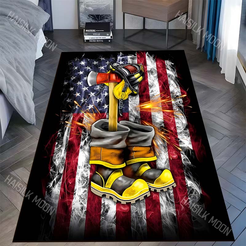 

1PC Firefighter helmet axe boots American flag Carpet for Living Room Bedroom Sofa Home Decor Rus Non-slip Floor Mat Luxury Gift 40x60cm
