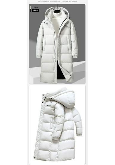 Men's Trendy Hooded Mid-Length White Duck Down Jacket - Warm Winter Outerwear for Couples.
