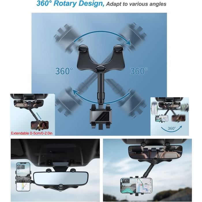 Support Telephone Voiture Retroviseur, 360°Rotatif Rétractable Support Smartphone Voiture, Support Portable Voiture pour A45