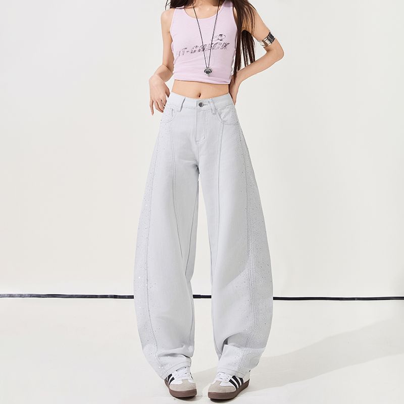 Spring Summer Fashion Full Star Rhinestone High Waist Relaxed Drape Floor Saber Cut Denim Pants For Women Casual Pants Oversize Denim Trousers