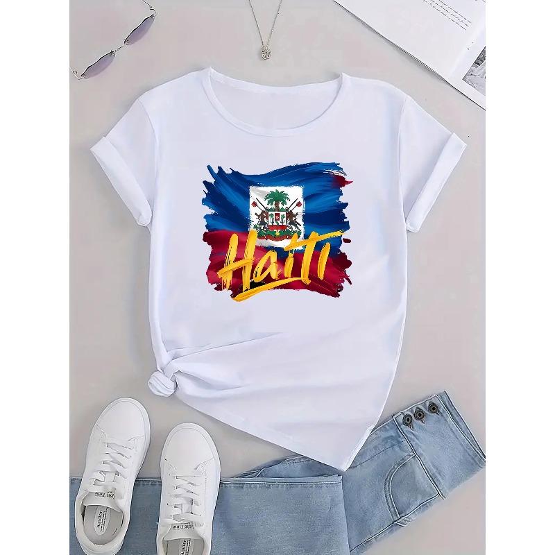 T-shirt Casual da Donna con Stampa Lettere Bandiera Haiti Taglia Europea - Misto Poliestere Lavorato a Maglia, Girocollo, Manica Corta, Tessuto Elasticizzato, Top Versatile per Ogni Stagione