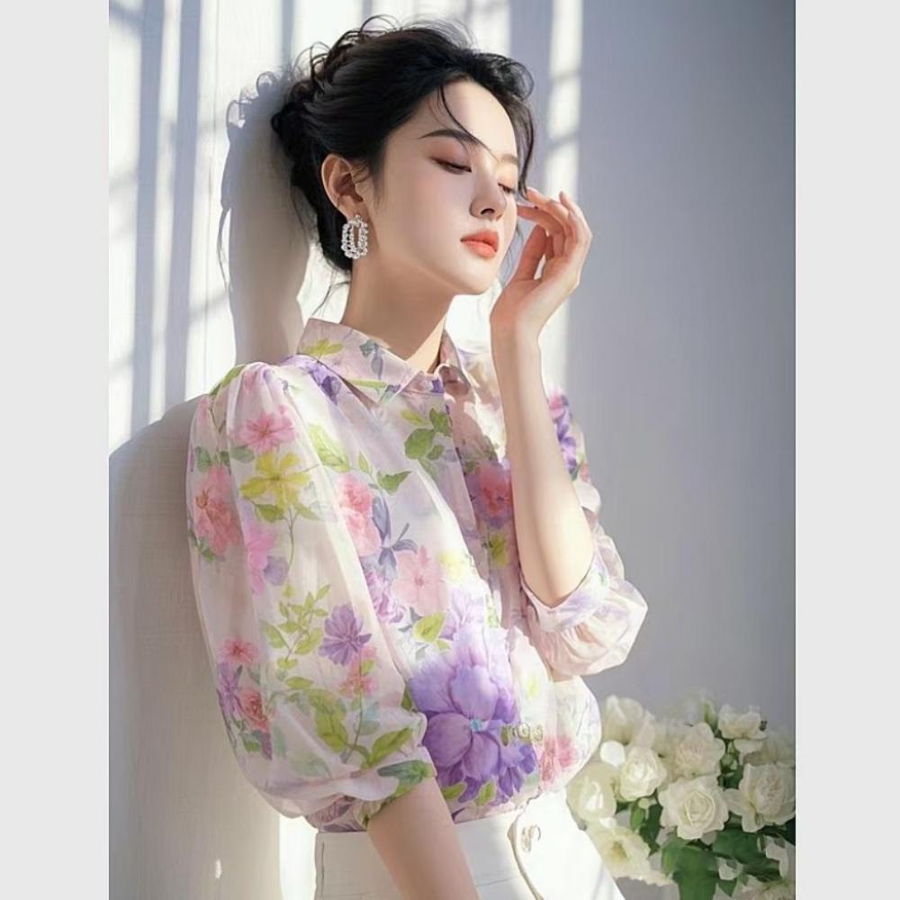 Elegant French-style Beautiful Purple Floral Chiffon Blouse for Women 2025 Blouse
