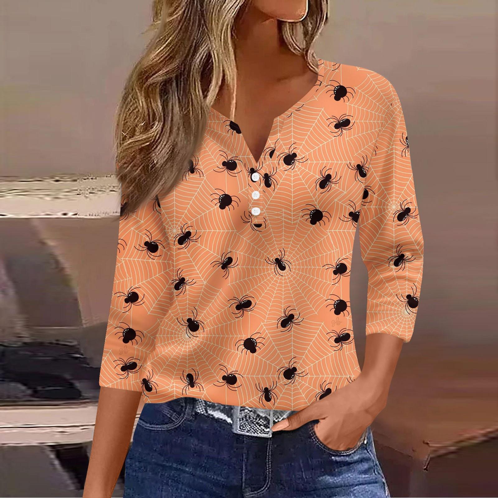 

Женские топы с рукавом 3/4, с принтом на Хэллоуин, винтажная мода, повседневные, свободные, с V-образным вырезом, больших размеров L