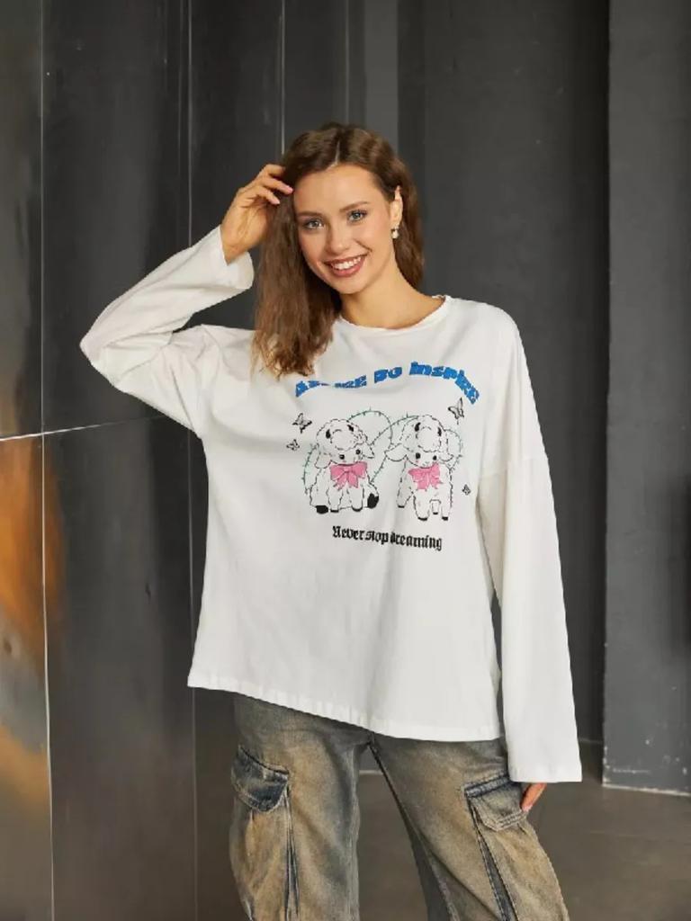 Cute fun age reduction sweet girl heart lamb print autumn European and American style new pure cotton t-shirt