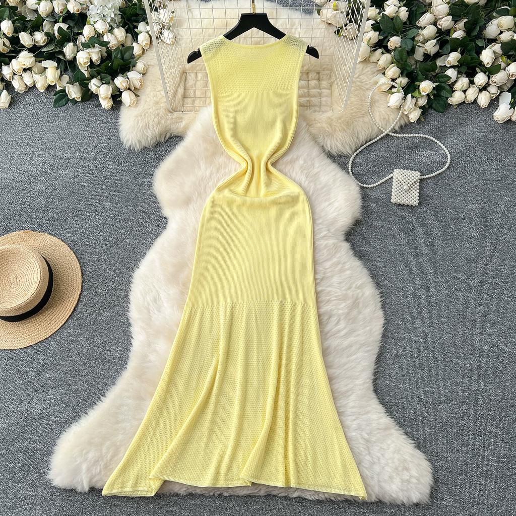 Summer Women Casual O-neck Sleeveless Hollow Out Knitted Sweater Slim Bodycon Fishtail Dresses