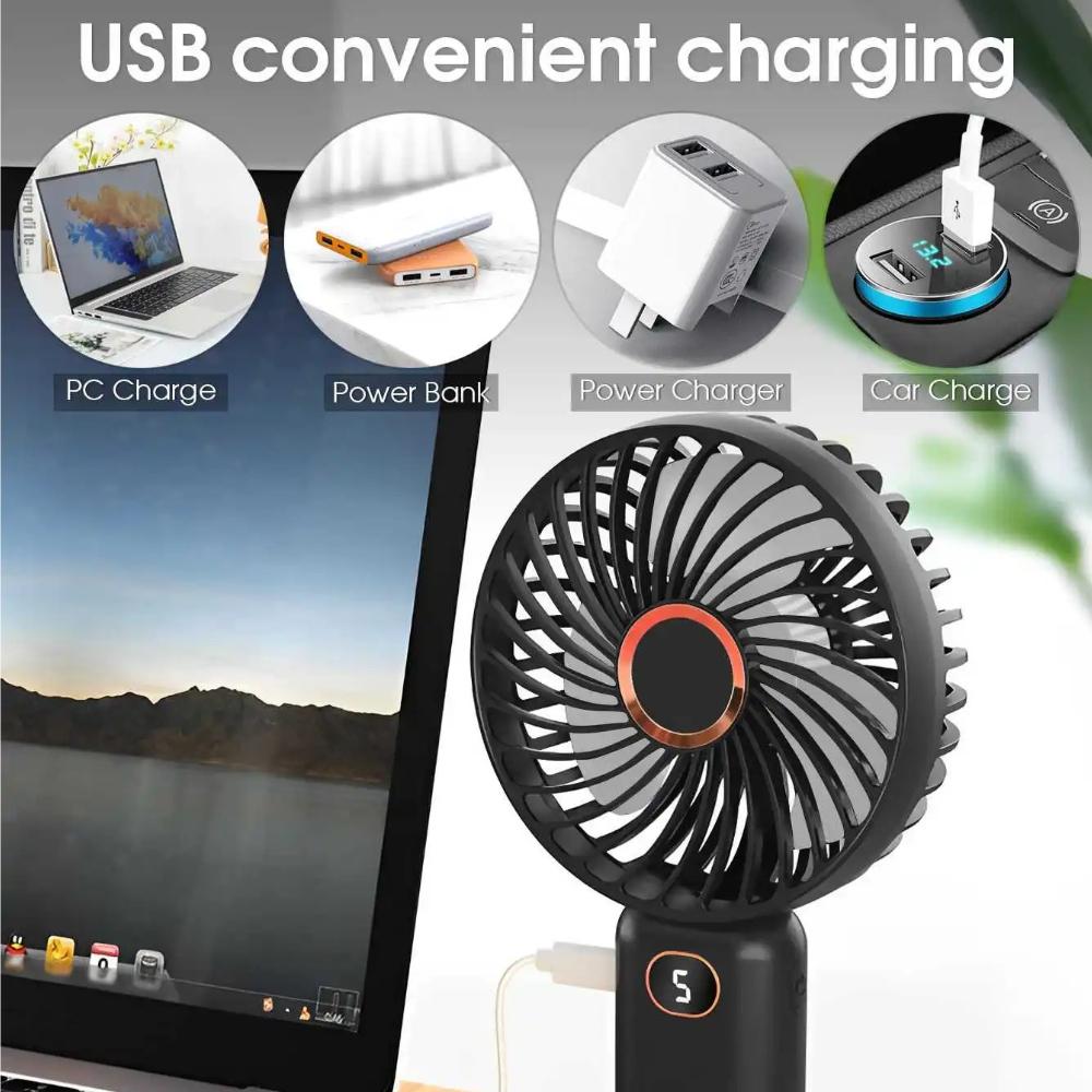 Portable Handheld Fan USB Rechargeable Mini Fan Digital Display 5-Speed Adjustment Suitable For Travel Outdoor Office Home