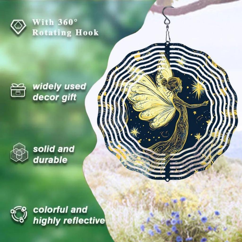 Kovový větrník s ručně malovaným designem víly, 360° otočný háček, venkovní zahradní dekorace pro Halloween, Vánoce, Den díkůvzdání, sváteční dárek