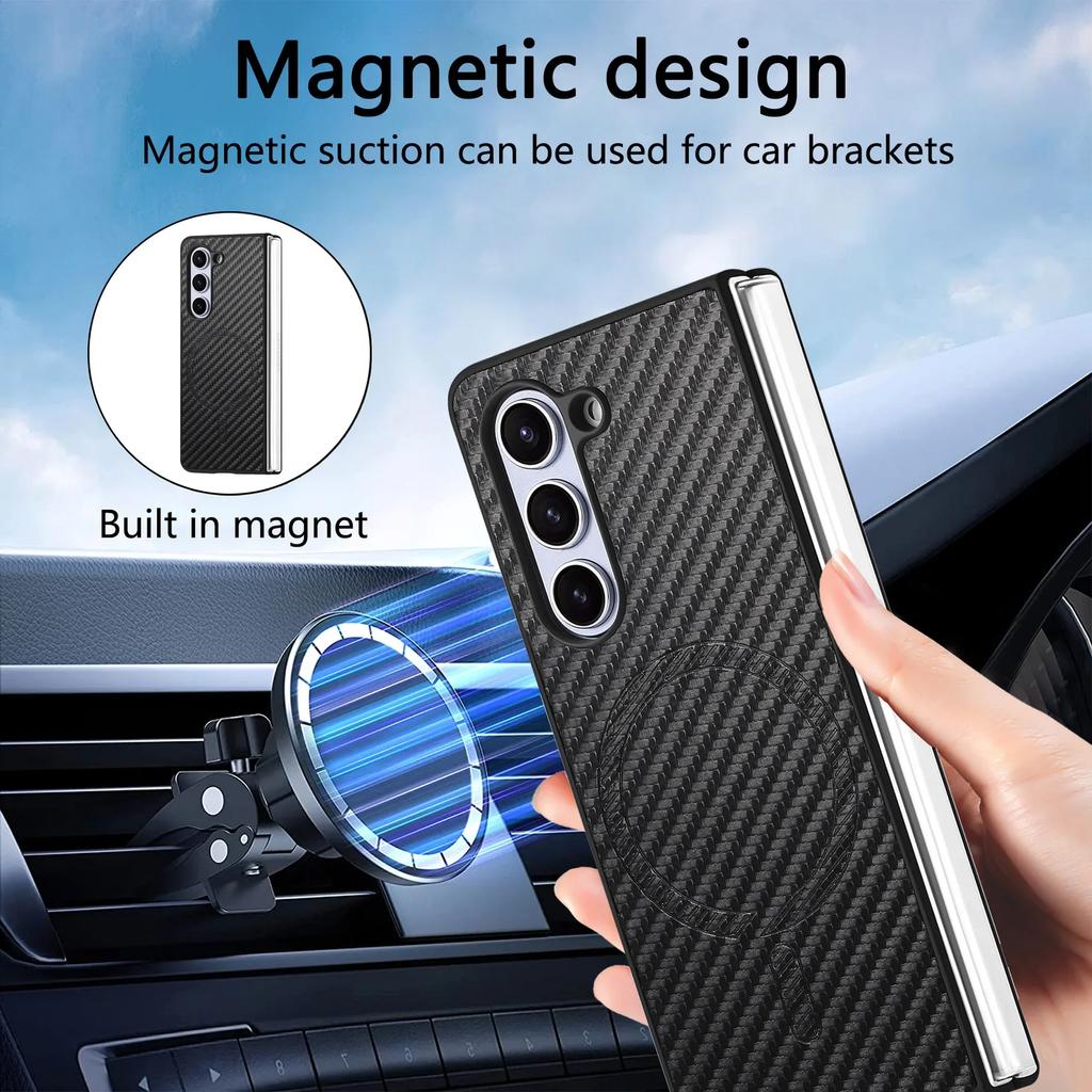 Magnetic Carbon Fiber Pattern Leather Case for Samsung Galaxy Z Fold 6 Fold5 4 Electroplated Frame Shell Film Integrated Cover