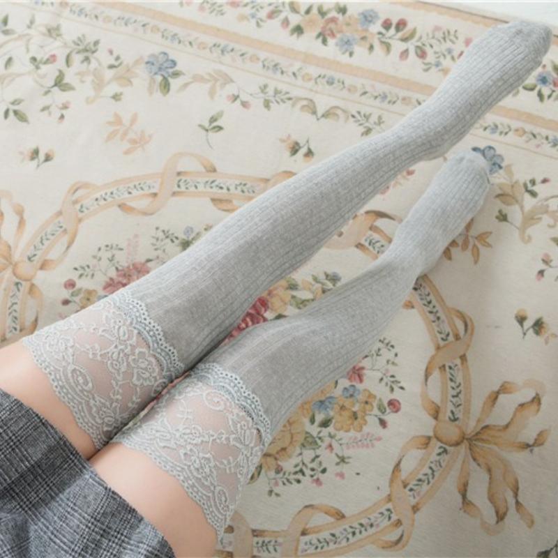 Autumn and Winter Women Lace Slim Thigh High Over The Knee Long Socks Cotton Warm Pure Color Stockings