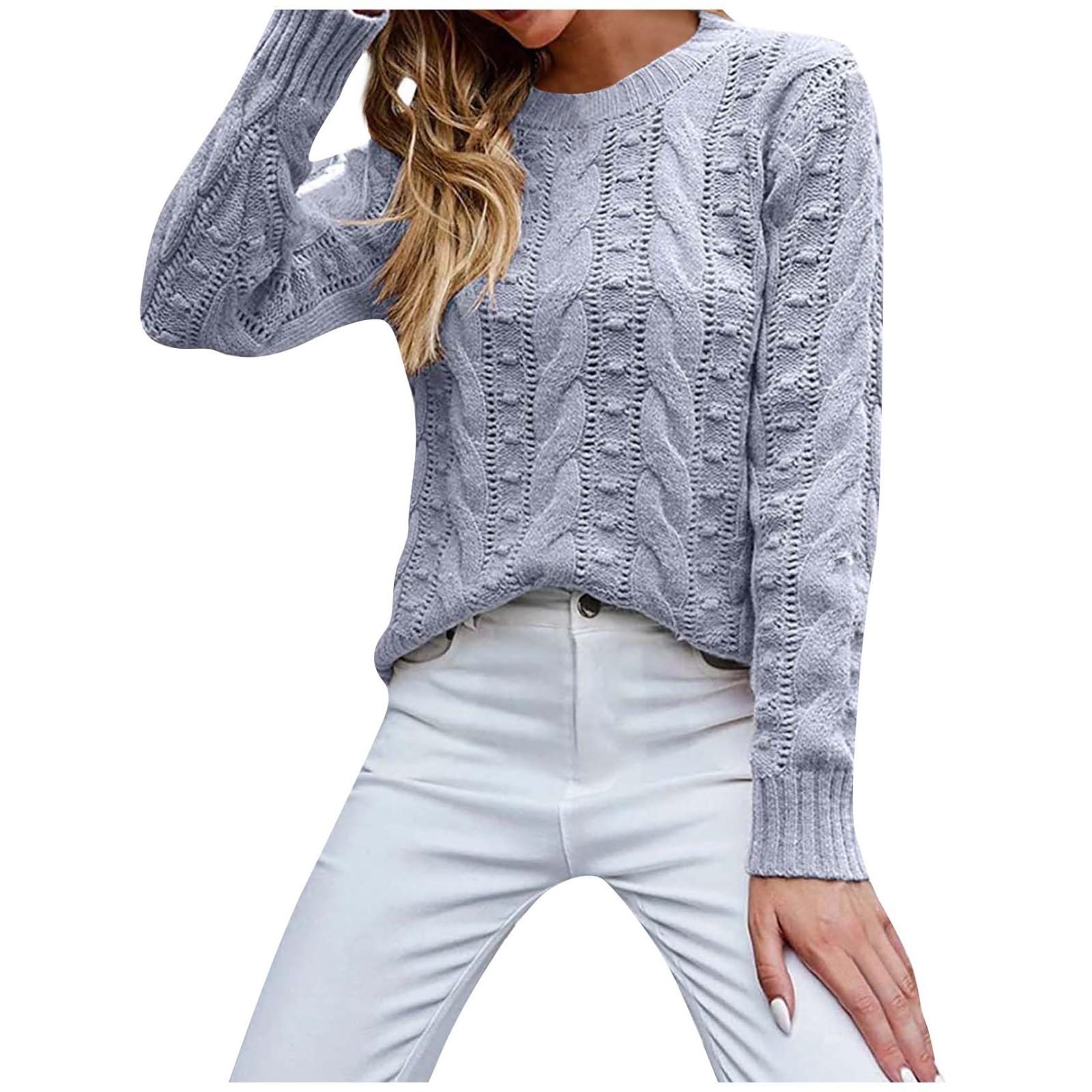 

Женский однотонный пуловер с длинным рукавом и круглым вырезом, вязаный топ-свитер M светло-серый