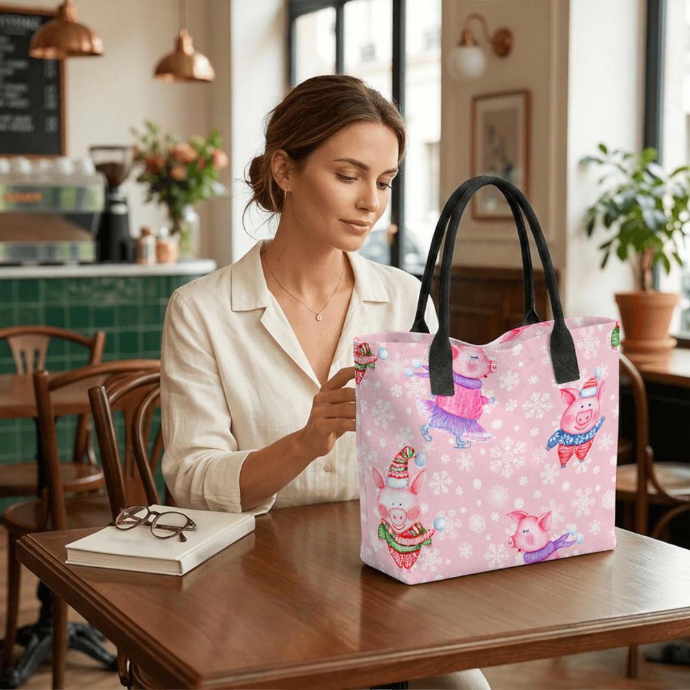 Pink Tote Bag Women Canvas Shopping Handbag with Cartoon Pig Winter Print Black Handles