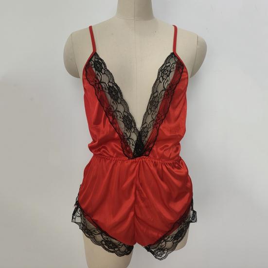 Women Sexy Pajamas V-neck Sling Sleeveless Bodysuit Faux Satin Lace Stitching Romper Sleepwear Wide Leg Backless Nightwear