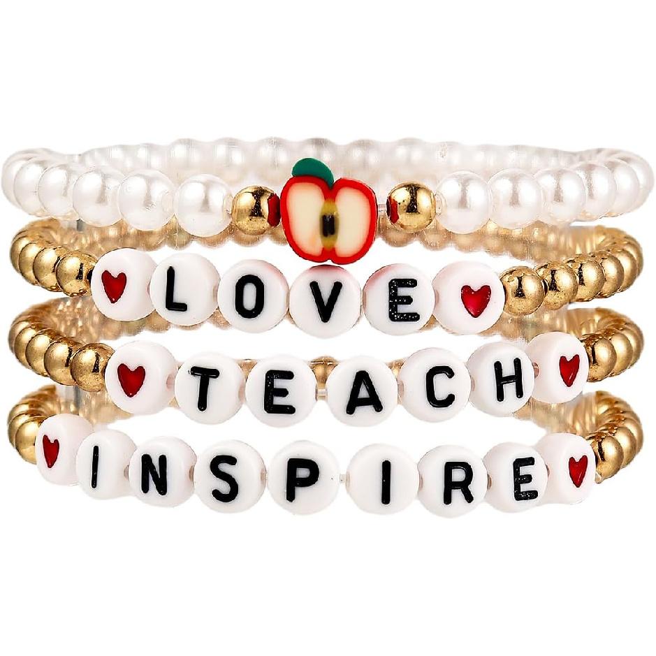 tenghong2021 Acrylic Bead Elastic Rope Beaded Bracelet for Women Handmade Wood Beaded Teacher Appreciation Strand Bracelets Teach Inspire Beaded