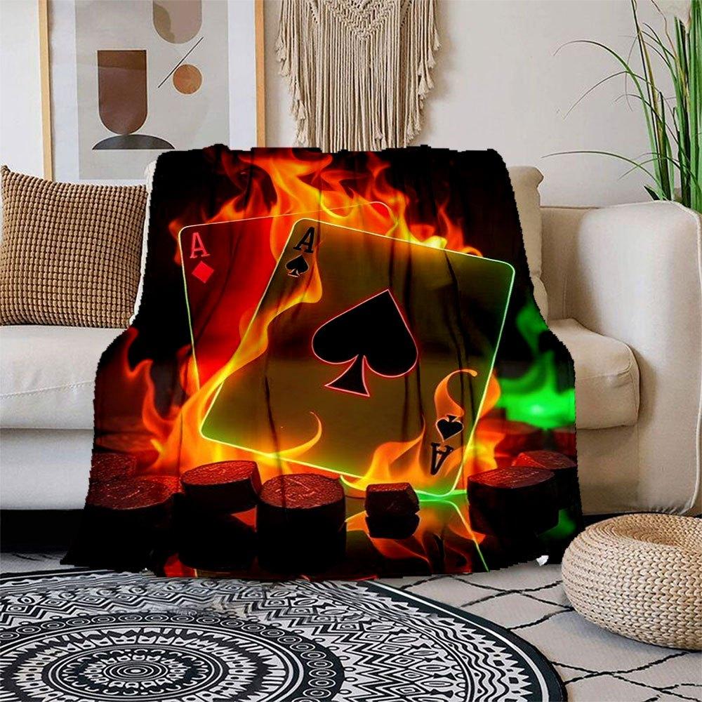 "Flaming Ace Playing Cards - Luxury Casino Deck with Fiery Design"Blanket Flannel Throw Blanket for Sofa, Bed, Travel, Camping, Office