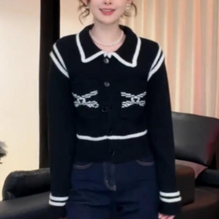 

Arctic velvet washing water, small fragrant wind contrasting colors striped polo neck cardigan sweater women s autumn and winter versatile knitted one size fits all чорний