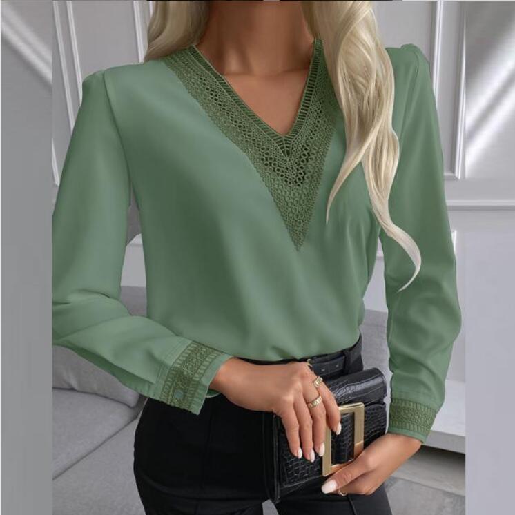 2026 Autumn Lace Trim V-neck Long-Sleeve Shirt
