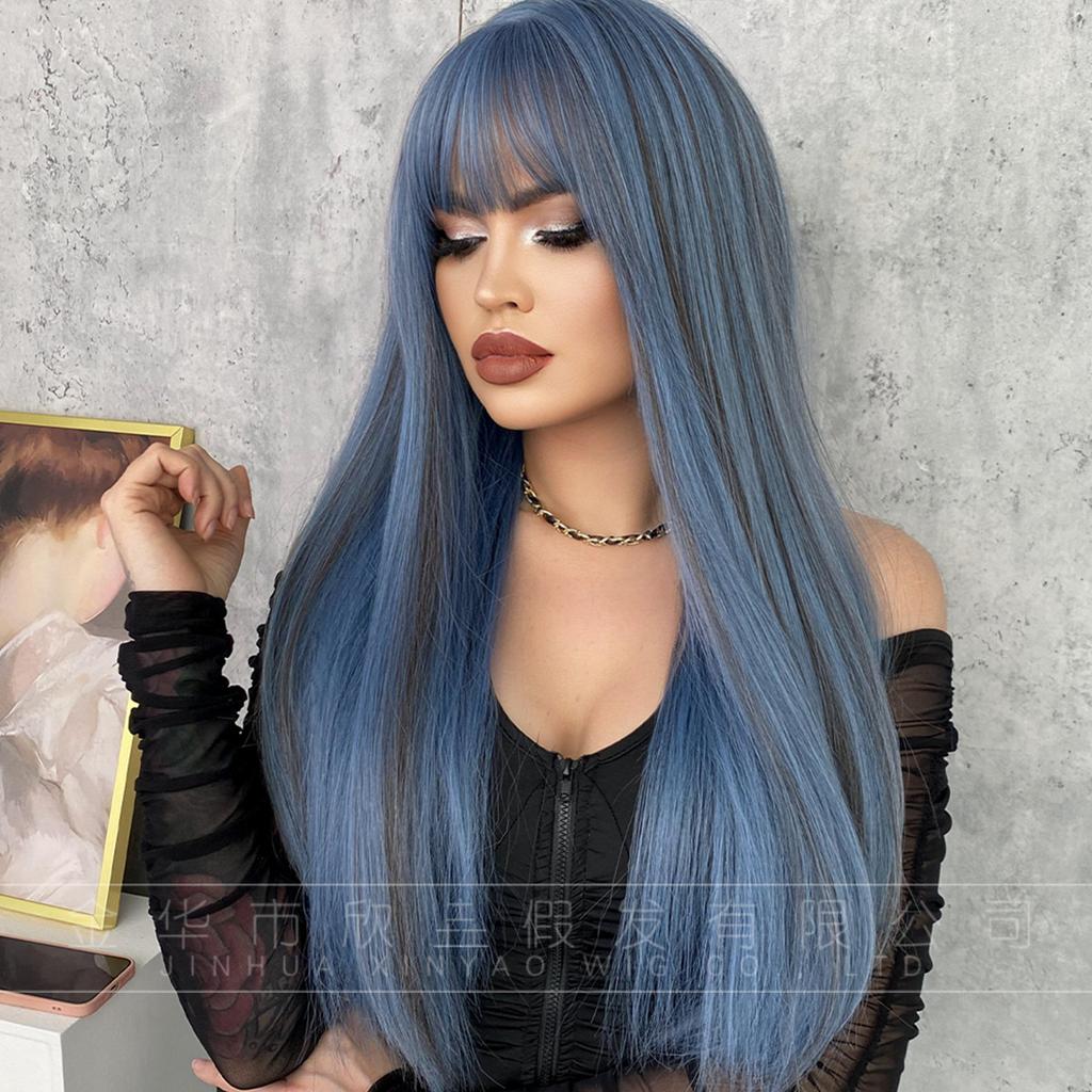 High Quality European American 24 Inch Blue Wig Women With Long Straight Hair Bangs Mermaid Dyed Gray Fiber Full Head Cover