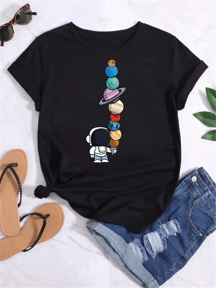 Maycaur T Shirt Women Moon Planet Print Fashion Tee Shirts Casual Round Neck Short Sleeve Streetwear Female T-Shirt Vintage Tops
