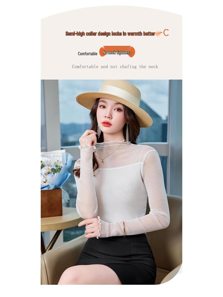 Damen Lurex Mesh Spitzenbluse - Herbst 2025 Langarm Halbochgeschlossenes Oberteil