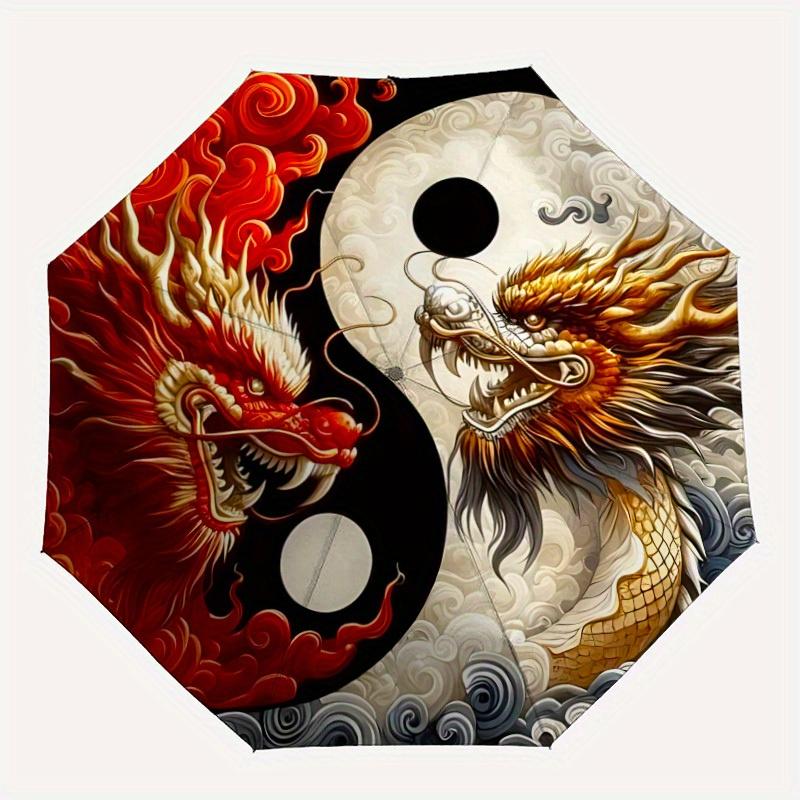 

1pc YinYang Dragons Automatic Folding Umbrella, 8-Rib Sturdy Canopy, Portable Travel Umbrella for Outdoor Use