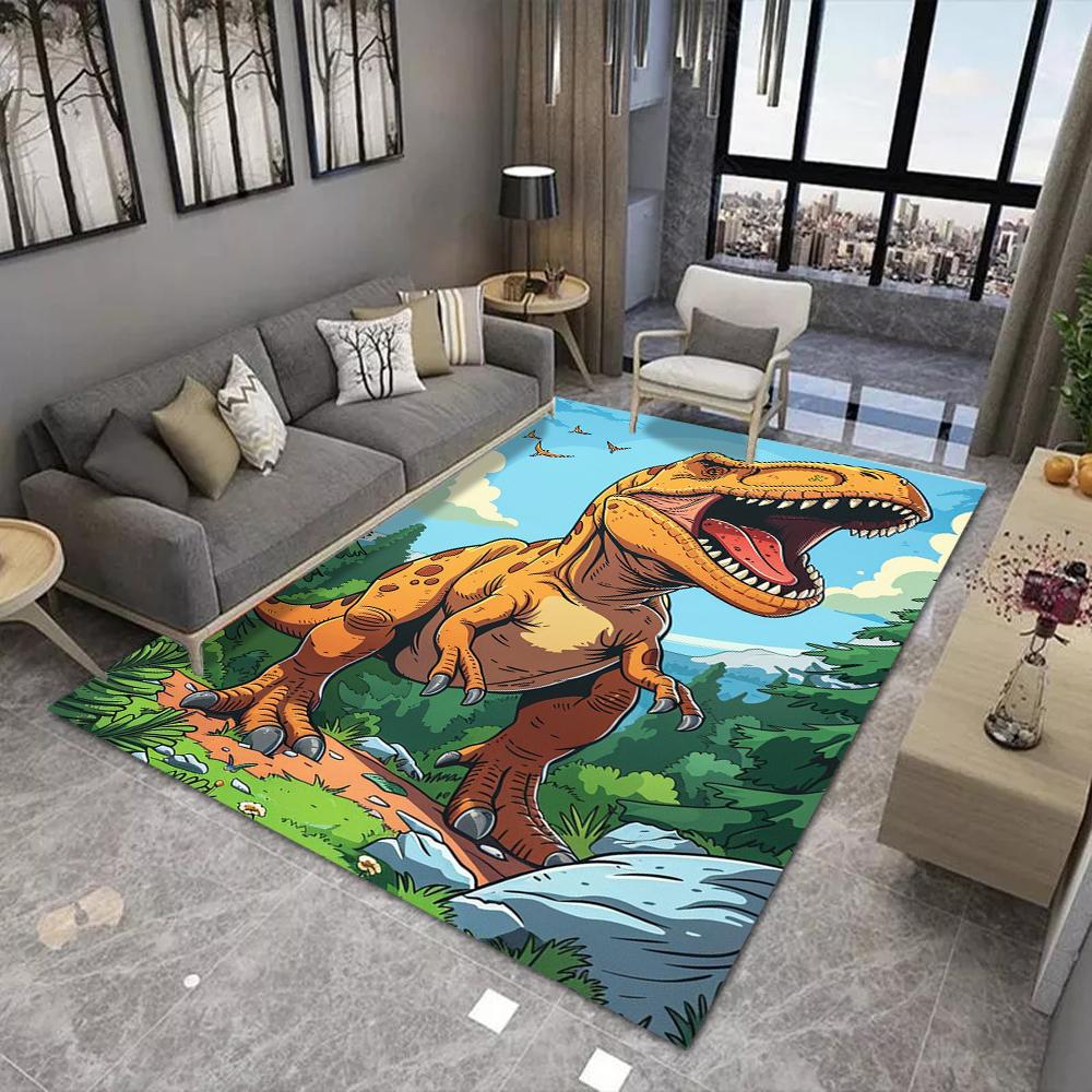 Cartoon Dinosaur Carpet Mat T-Rex Triceratops Prehistoric Landscape Kids Room Educational Colorful Playful Home Decoration Rug
