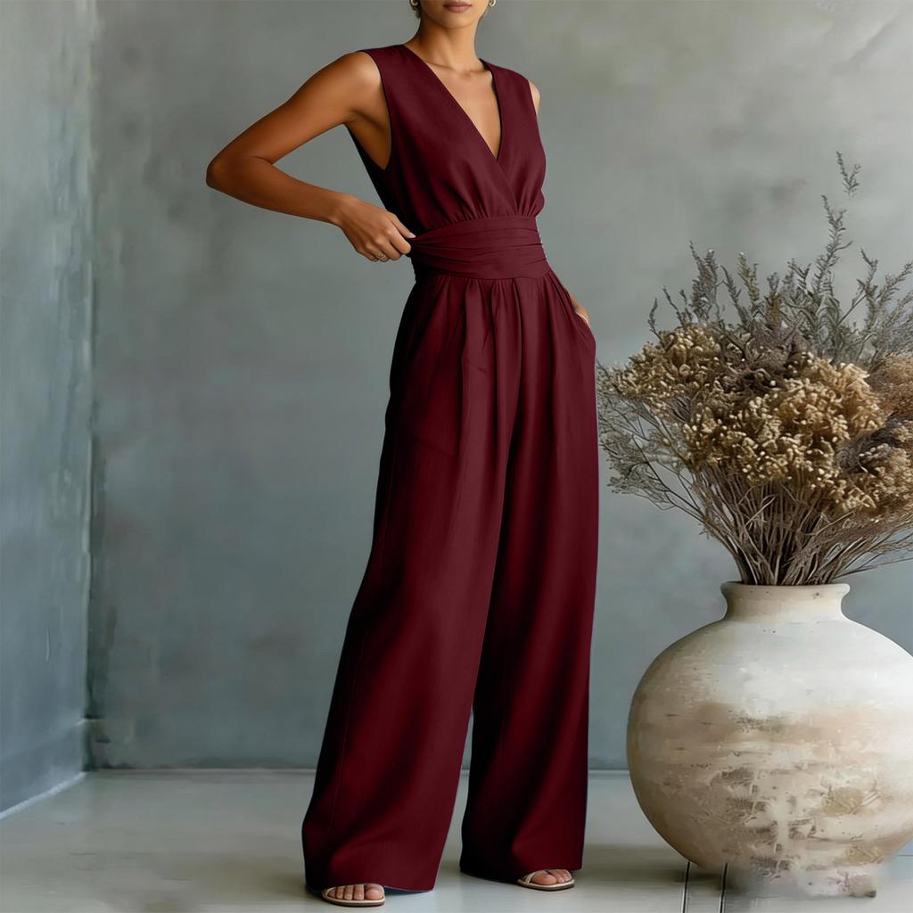 Women's Wide-leg Elegant Waist-cinching V-neck Jumpsuit