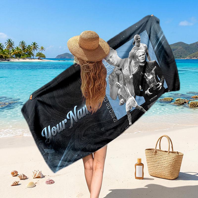 Erling Haaland Custom Beach Towel, Personalized Name Text Print, Football Logo Soft Quick‑Dry Towel Holiday Gift