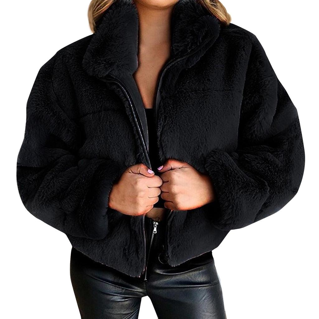 Ladies Solid Color Fashion Casual   Imitation Zipper Cardigan Plush Warm Coat