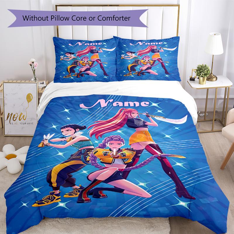 3pcs Custom Name KPop Demon Hunters Bedding Set Duvet Cover Closure Includes 1 Duvet Cover & 2 Pillowcases, Soft and Comfortable for All Seasons.