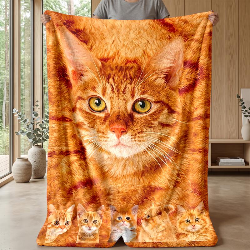 Orange Cat Family Theme Blanket Lightweight Warm Flannel Blanket Decorative Throw Blanket for Home Decoration