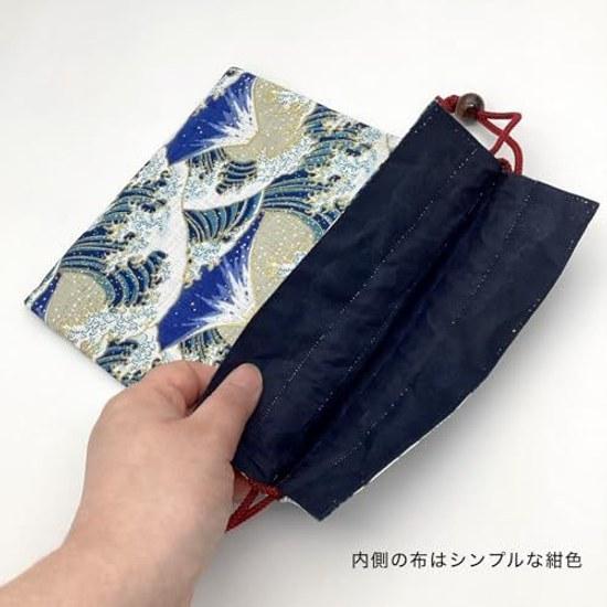 Kyo-Suke Made Japan Drawstring Bag Pouch Approximately 24.519cm Cotton Wooden Beads Kanran Ura Fuji Mountain Beige Japanese Pattern