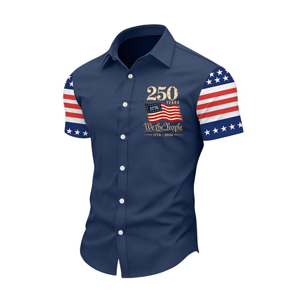 Men Short Sleeve Button Down Shirt 250 Years Print Flag Inspired Pattern Casual Fit Collared Top