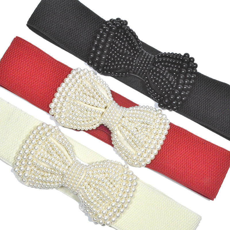 Women Pearl Bow Belt Elegant Wide Elastic Waist Cincher Fashion Accessory Dress Sash Wedding Party Waistband Stylish Adjustable All-Match Solid Color