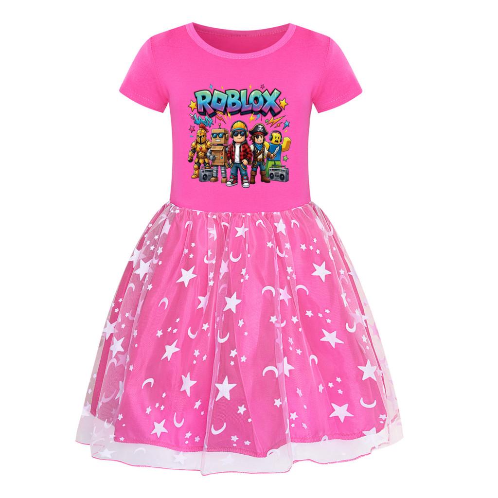 5574 Kid Girls Casual Roblox Game Printed Mesh Rainbow Dress