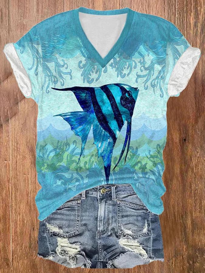 

Women s T-shirt 3D digital T-shirt casual trend V-neck short sleeved marine animal print 3425 4XL