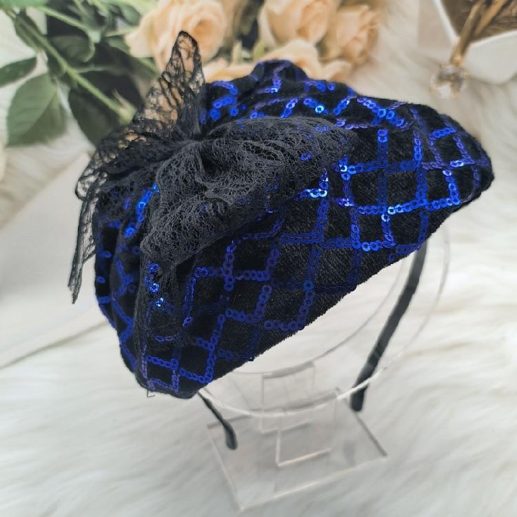 High Skull Hairhoop Lace Bowknot Sequined Hat Women Formal Event Hair Covering