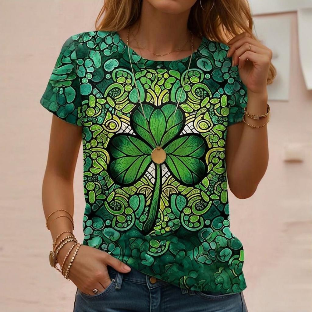 Women's T-shirt Summer Outdoor Casual Round Neck Tops Short Sleeve Leaf Printed Patterns Large Size Loose Women's Y2K Streetwear