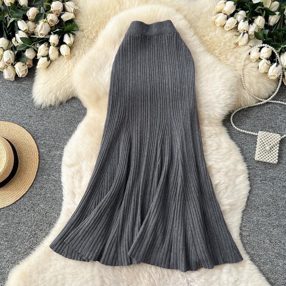 

Осень Зима Женская Элегантная Вязаная Длинная Миди Юбка Годе Облегающая Фигуру One Size серый