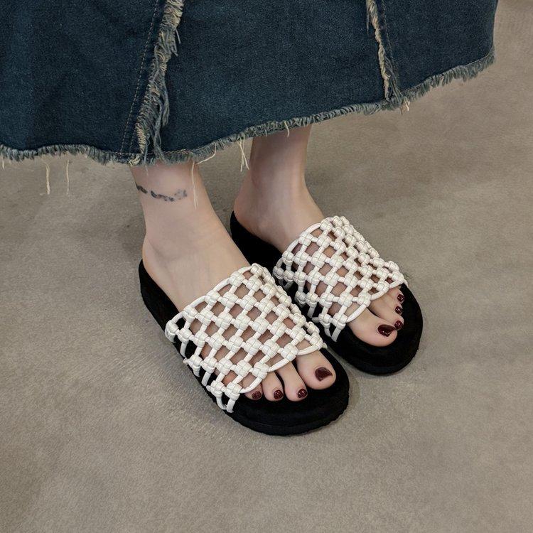 Summer hand-woven fishing net hollow breathable thick-soled beach shoes women's casual round toe cool slippers