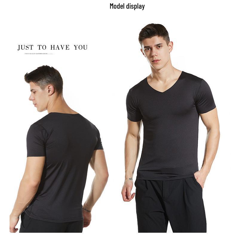 Bezešvé tričko s krátkým rukávem a výstřihem do V z ledového hedvábí, Slim Fit, Prodyšné, Jednobarevné