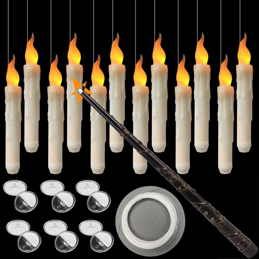Flameless Floating LED Candles Set with Magic Wand Remote Control Warm White Flickering Light for Christmas Wedding Decor