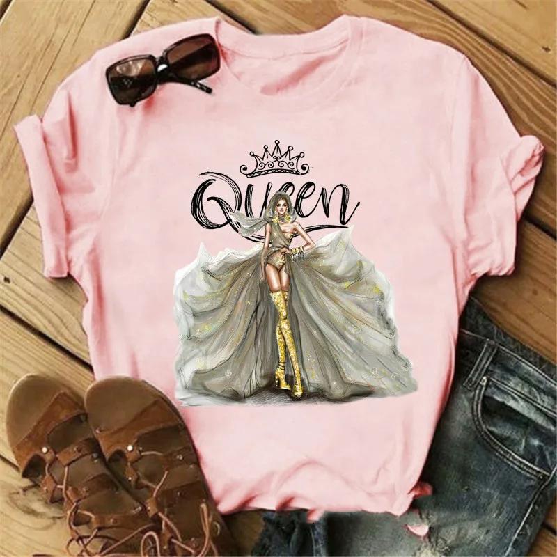 Pink Crown Queen Print Women T Shirt Short Sleeve O Neck Loose Women Tshirt Ladies Tee Shirt Tops Clothes Camisetas Mujer