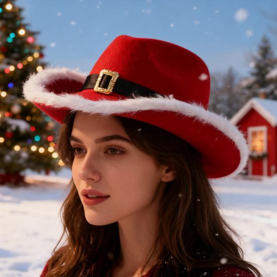 Cowboy Hat Christmas Themed White Furry Trim Soft Felt Material Jazz Top Hat Adjustable Red Tie Party Hat