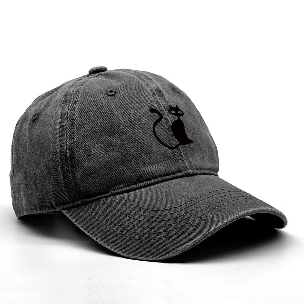 Casual Snapback Cap Cute Black Cat Hat  Unisex Women Adjustable Buckle Distressed Outdoor Sun Protection Picnic Fishing Cycling Hat