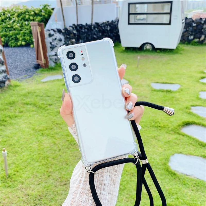 Crossbody Necklace Lanyard Cord Rope Transparent Case For Samsung S24 S23 S22 S21 Ultra S20 FE S10 Plus Shockproof Soft Cover