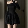 Temperament Socialite High-end Sexy One-word Shoulder Dress Women's New Slim and Thin Tutu Dress Black Birthday Dress