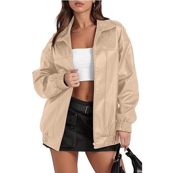 Stylish PU Leather Jacket for Women with Lapel Collar, Front Zipper & Side Pockets